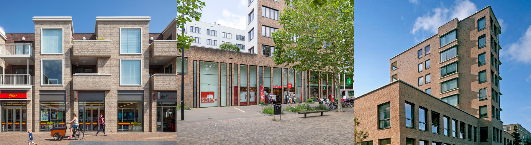 Voorbeeldfoto van een stadsstraat met woningen boven winkels of voorzieningen. Voorbeeldfoto van een appartementencomplex boven een winkel. Voorbeeld van een gebouw met appartementen dat bestaat uit een deel met twee bouwlagen en een hoogteaccent van 8 bouwlagen