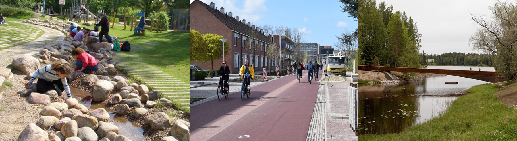 Beeld 1: Voorbeeldfoto van een natuurlijke speelplaats voor kinderen die bestaat uit keien in het water Beeld 2: Voorbeeldfoto van een breed vrijliggend fietspad Beeld 3: voorbeeldfoto van een brug voor voetgangers en fietsers over het water