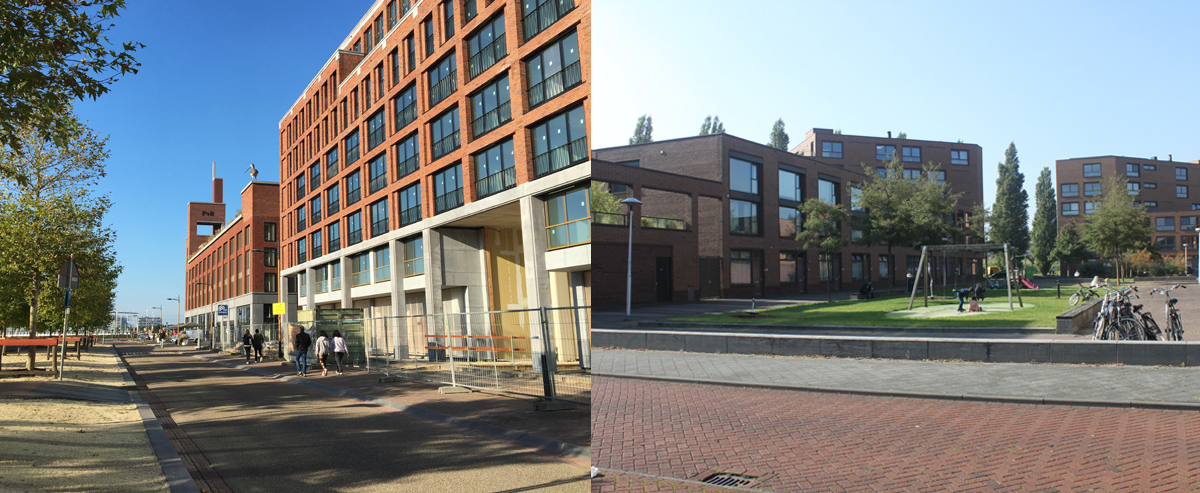 Beeld 1: voorbeeldfoto van twee gebouwen met appartementen die duidelijk bij elkaar horen. De onderkant van de gebouwen is wit en hebben hoge entrees. De bovenkanten zijn van rode baksteen en hebben veel ramen.  Beeld 2: voorbeeldfoto van drie kleinere woongebouwen, die bij elkaar lijken te horen. Ze zijn allemaal gemaakt van donkere baksteen. 