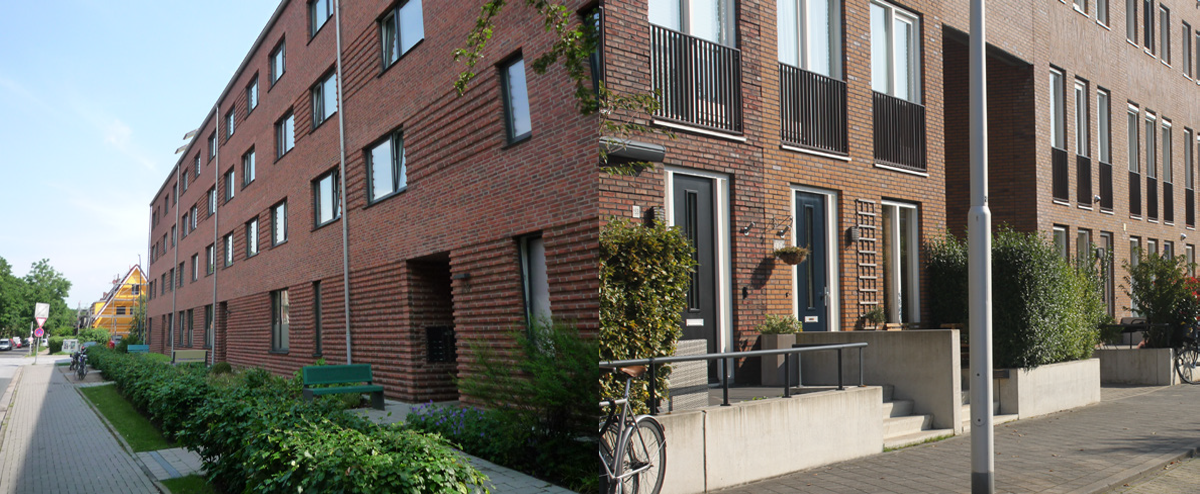 Beeld 1: Voorbeeldfoto van voortuinen die afgebakend zijn met lage groene hagen van ongeveer een halve meter hoog Beeld 2: Voorbeeldfoto van een woning met een verhoogd terras aan de straat