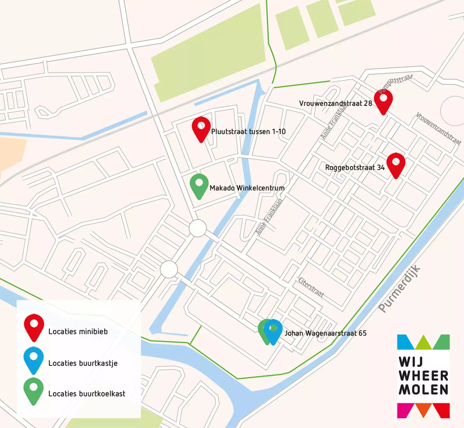 verschillende locaties aangegeven op de plattegrond van de wijk