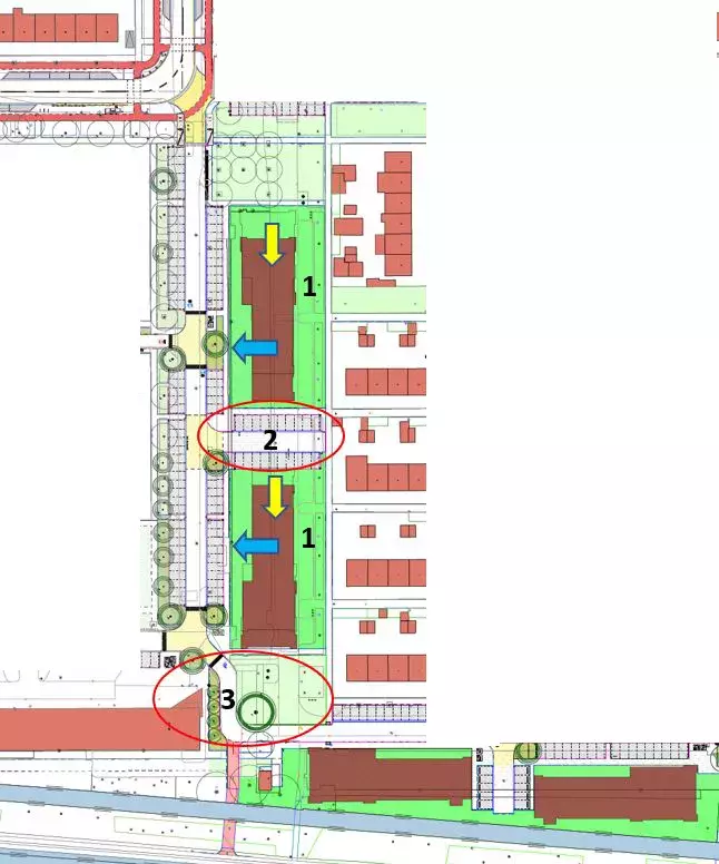 Tekening van de aangepaste plannen voor de H. Dunant- en Gouwzeestraat