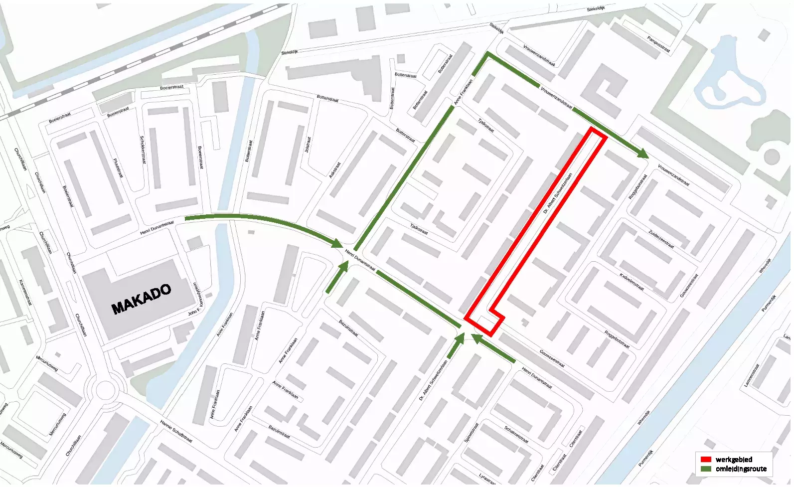 omleidingsroutes aangegeven op de kaart met het werkgebied