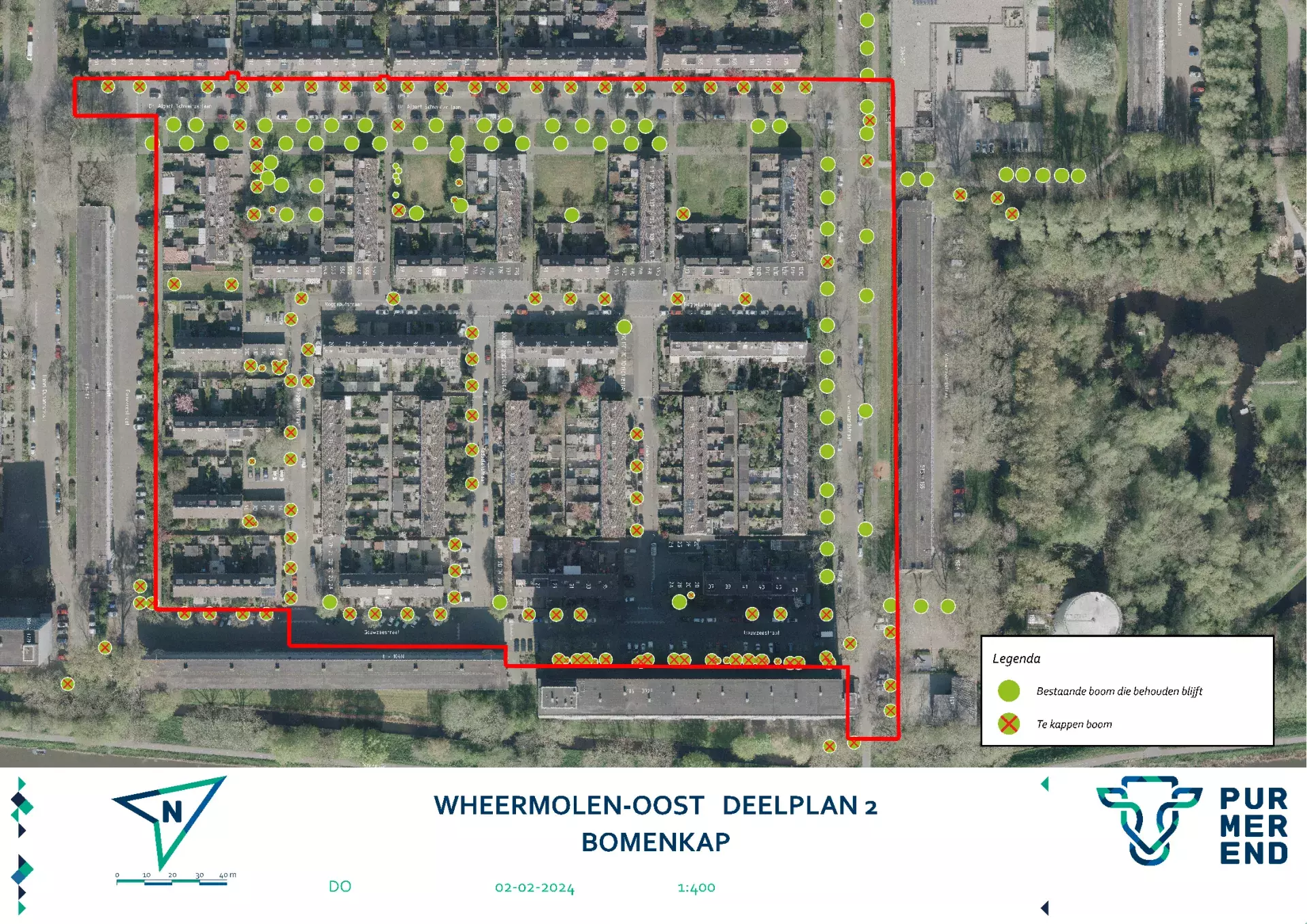 Nieuwe definitieve ontwerp met de te kappen bomen